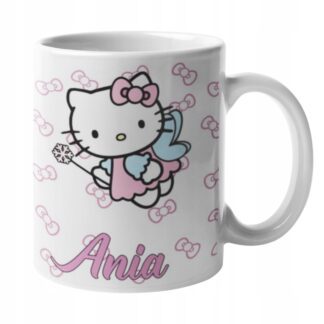 Kubek z nadrukiem do herbaty dla dzieci kotek Hello Kitty hulajnoga IMIĘ