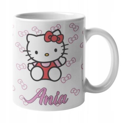 Kubek z nadrukiem do herbaty dla dzieci kot Hello Kitty machający IMIĘ