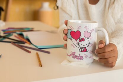Kubek z nadrukiem do herbaty prezent kotek Hello Kitty serce balony IMIĘ
