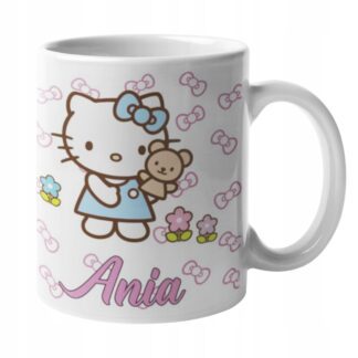 Kubek z nadrukiem do herbaty dla dzieci z kotkiem Hello Kitty z misiem IMIĘ
