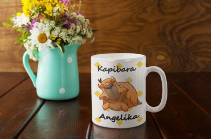 Śmieszny kubek z nadrukiem do kawy prezent z kapibarą Love KAPIBARA IMIĘ