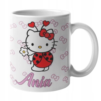 Kubek z nadrukiem do herbaty dla dzieci kotek Hello Kitty biedronka IMIĘ