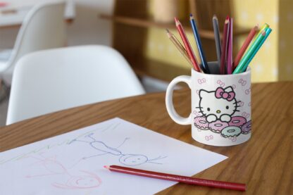 Kubek z nadrukiem do herbaty dla dzieci kot Hello Kitty z pączkami IMIĘ