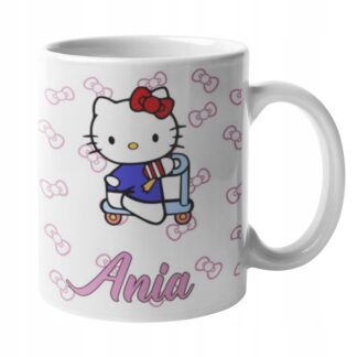 Kubek z nadrukiem do herbaty dla dzieci kotek Hello Kitty hulajnoga IMIĘ