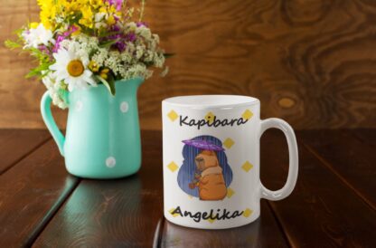 Śmieszny kubek z nadrukiem do kawy prezent z kapibarą Parasol KAPIBARA IMIĘ