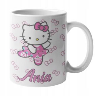 Kubek z nadrukiem do herbaty dla dzieci kot Hello Kitty machający IMIĘ