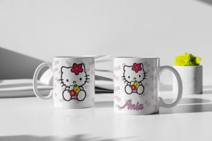 Kubek z nadrukiem do herbaty dla dzieci kot kotek Hello Kitty kwiatek IMIĘ