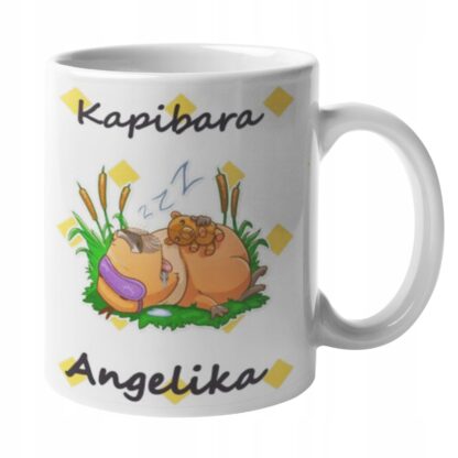 Śmieszny kubek z nadrukiem do kawy prezent z kapibarą KAPIBARA Śpioch IMIĘ