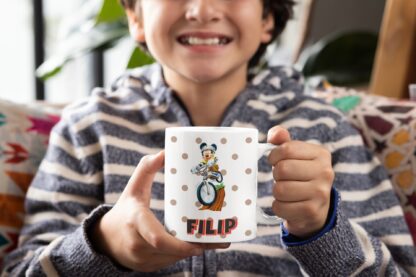 Kubek z nadrukiem do herbaty prezent dla dzieci MYSZKA MIKI ROWER + IMIĘ